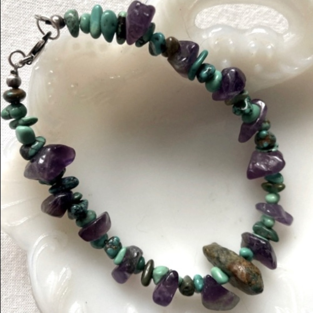 8” Bracelet VINTAGE Amethyst Turquoise 925 Vintage Hand-Crafted Sterling Silver